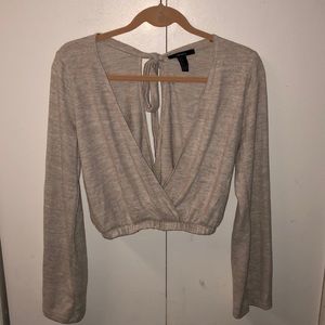 Beige Sweater Deep V Crop Top